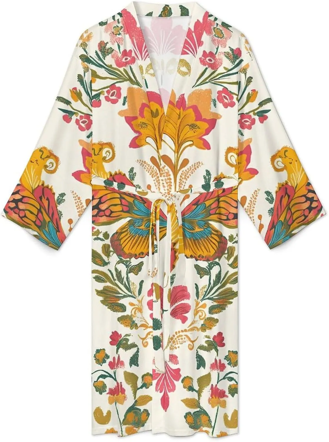Classic Ethnic Floral Butterfly Long Robes Classic Bathrobe for Women Men Lightweight Spa Loungewear Unisex
