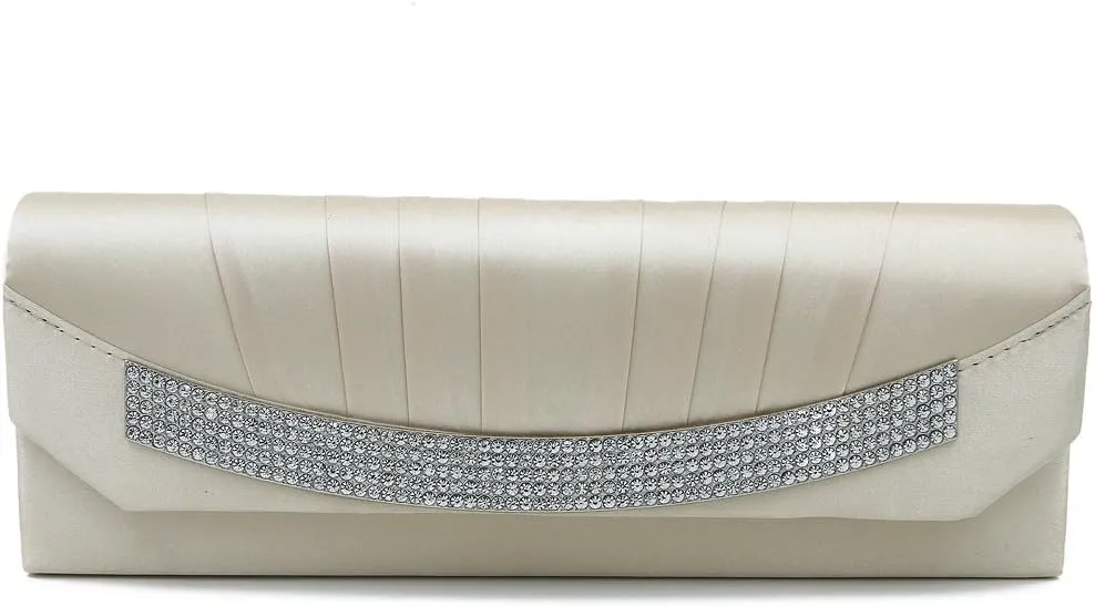 Elegant Pleated Satin Flap Rhinestones Clutch Evening Bag - Diff Colors Avail