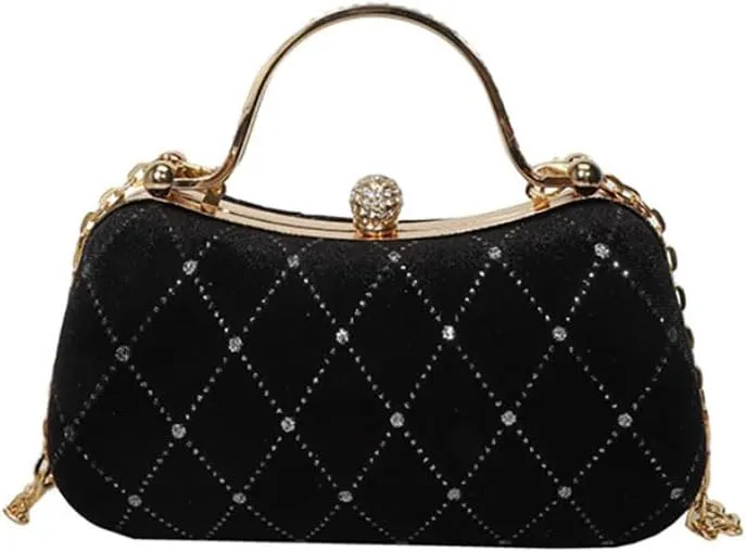 Elegant Quilted Evening Clutch, Crystal Rhinestone Handle, Chain Strap, 7.9x4.3 inches