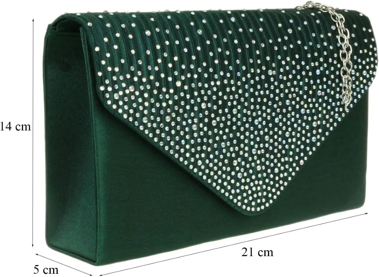 Girly HandBags Pleated Satin Clutch Bag Diamante Shoulder Chain Elegant Prom Wedding Evening