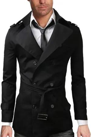 Mens Classic Trench Coat Lapel Double Breasted Windbreaker with Belt