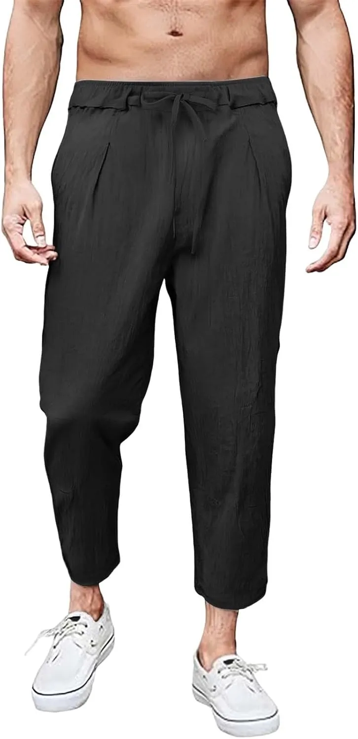 Men's Linen Pants Plus Size Plain Casual Pant Summer Outdoor Vacation Beach Trousers Lightweight Open Bottom Slacks