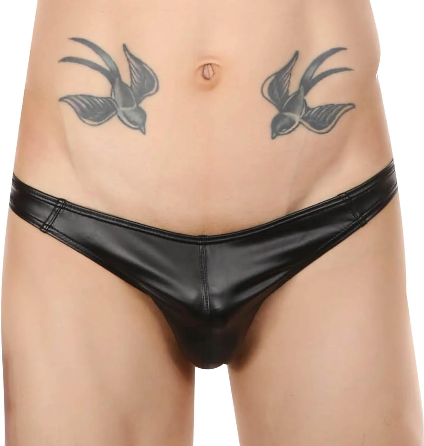 Mens Sexy G String Thongs PU Leather Bulge Pouch Hip Lift Underwear Low waist Elastic Panties Cut Out Bikini Briefs