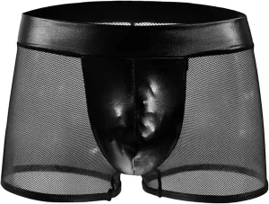Mens Sexy Sissy Lingerie PU Leather Pouch Boxer Briefs Mesh Sheer Gay Men Panties Cross-dresser Underwear