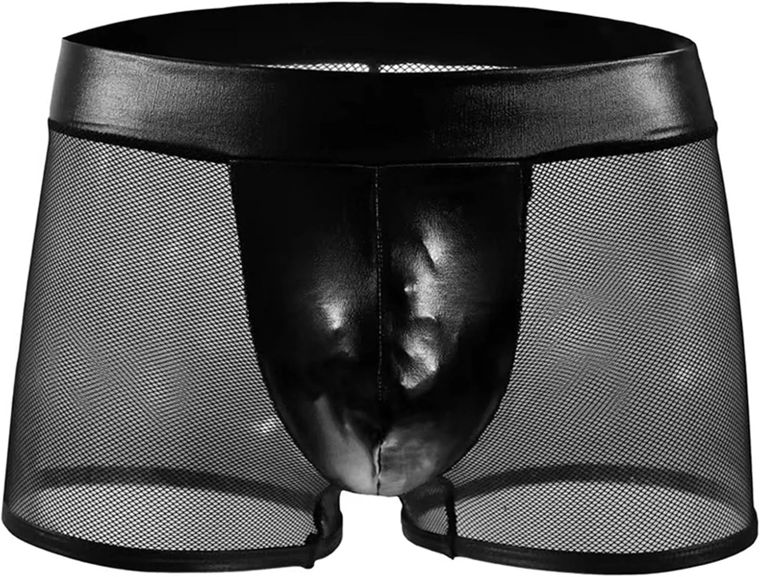 Mens Sexy Sissy Lingerie PU Leather Pouch Boxer Briefs Mesh Sheer Gay Men Panties Cross-dresser Underwear