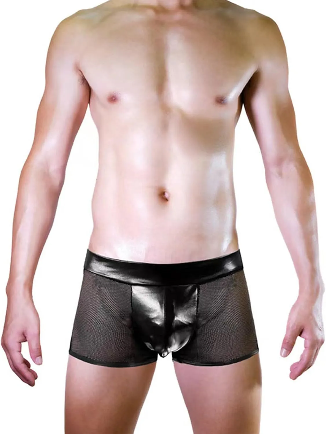 Mens Sexy Sissy Lingerie PU Leather Pouch Boxer Briefs Mesh Sheer Gay Men Panties Cross-dresser Underwear