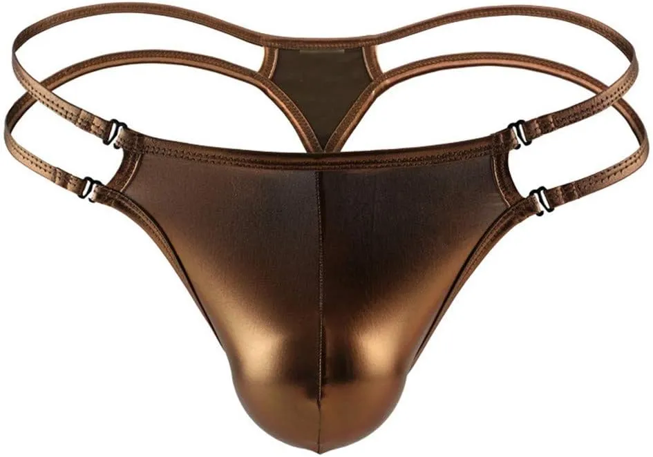 Mens Shiny Metallic Pouch Bikini Briefs Low Rise Backless Patent Leather Strappy Lingerie Jockstrap Thongs Clubwear