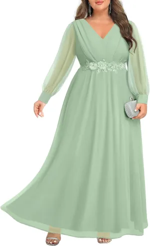 Pinup Fashion Women Plus Size Bridesmaid Dresses Sage Green Long Sleeve Evening Chiffon Elegant Wrap V Neck Ruched A-Line Maxi Dress