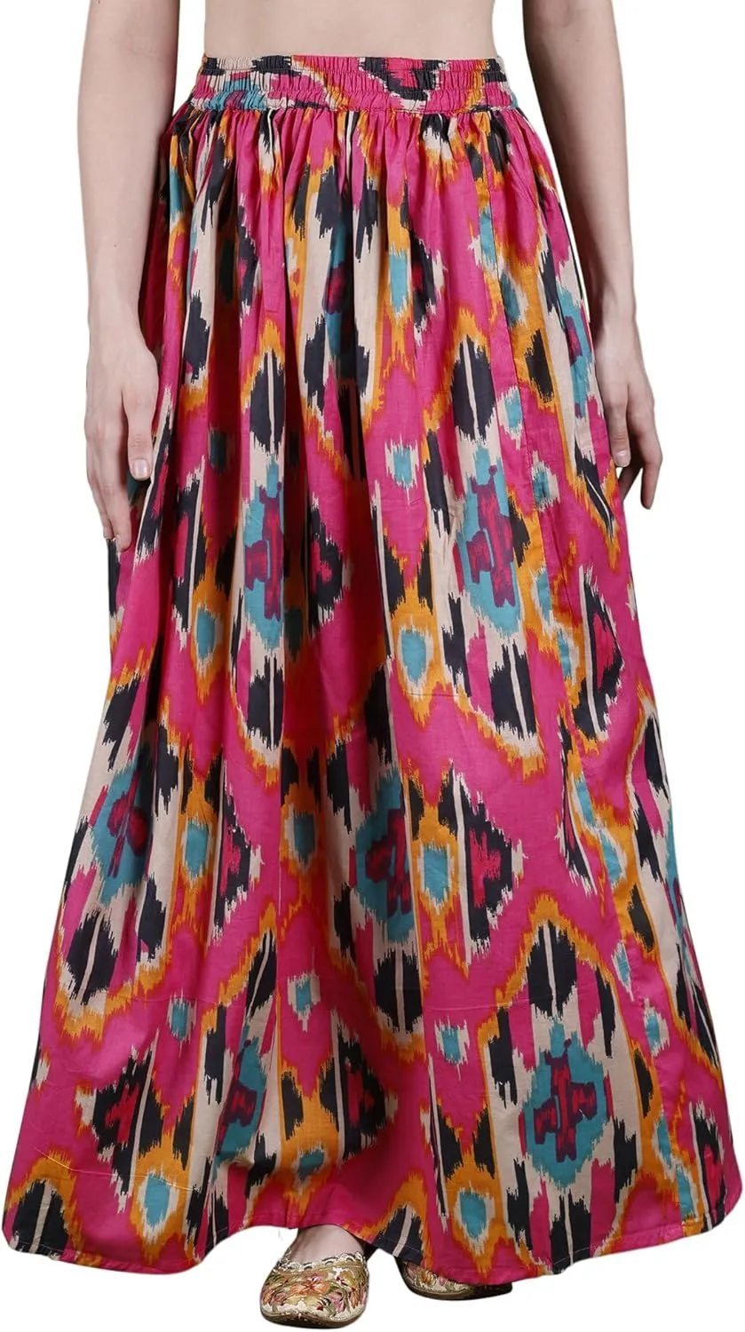Pure Cotton Elastic-Waist Long Maxi Skirt with Multi-Colored Ikat Print - Pure Cotton