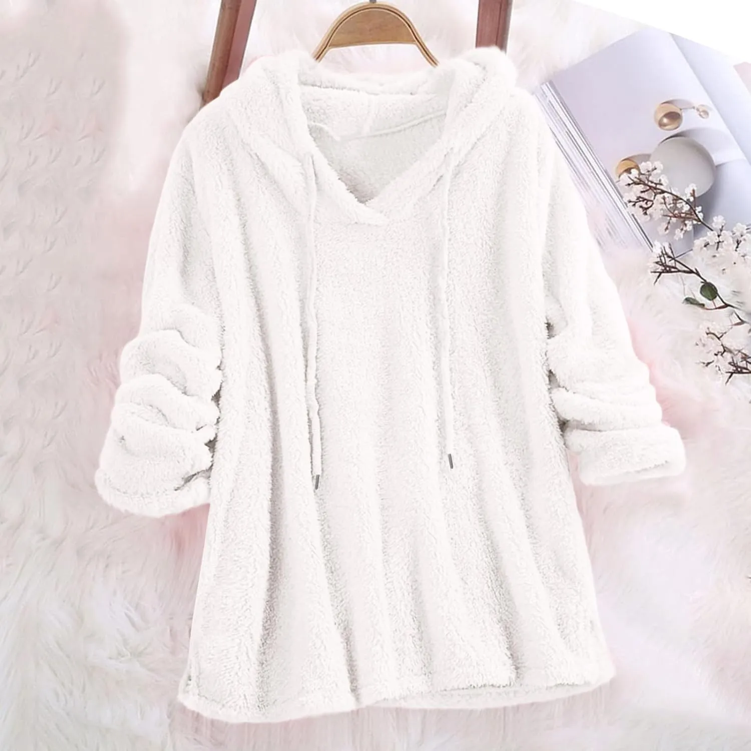 Women Sherpa Fleece Hoodies Oversized Sweatshirts Long Sleeve Drawstring Pullover Winter Soft Comfy Fuzzy Pajama Tops
