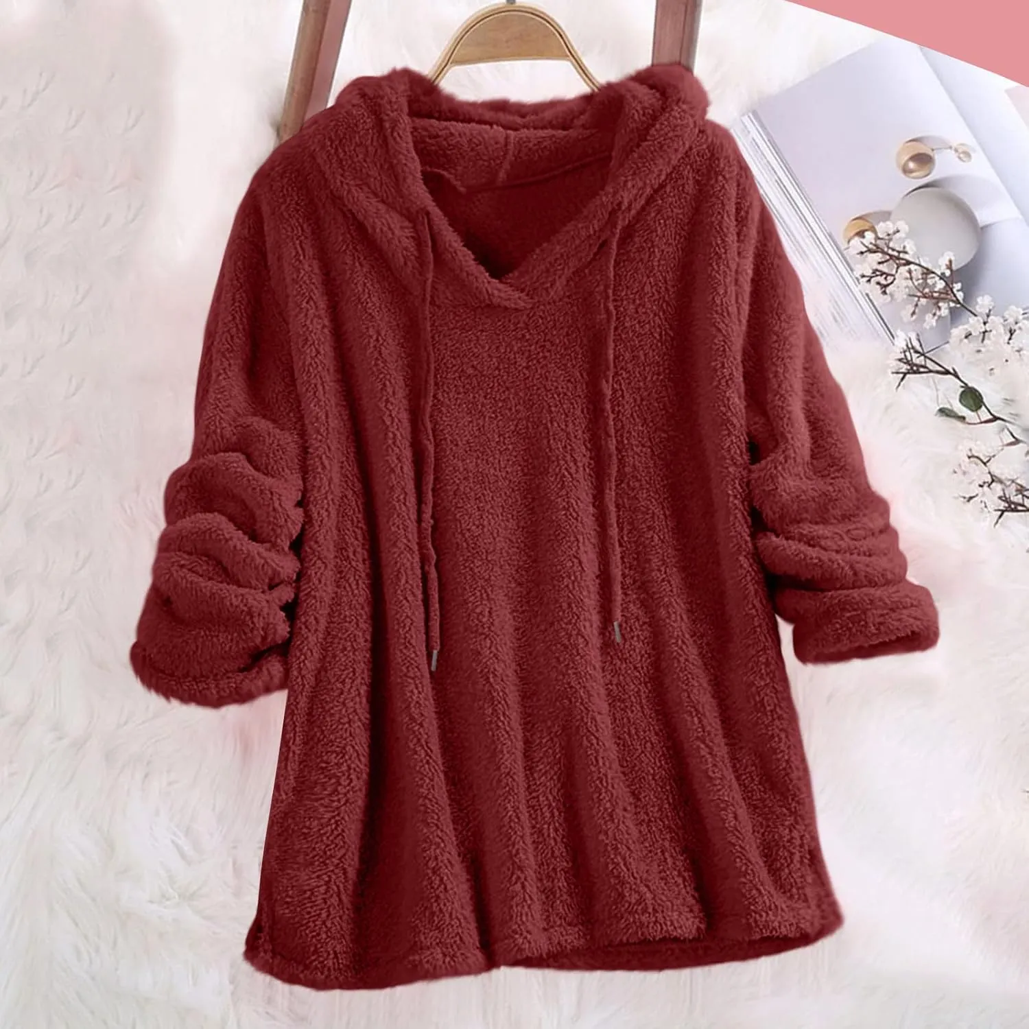 Women Sherpa Fleece Hoodies Oversized Sweatshirts Long Sleeve Drawstring Pullover Winter Soft Comfy Fuzzy Pajama Tops