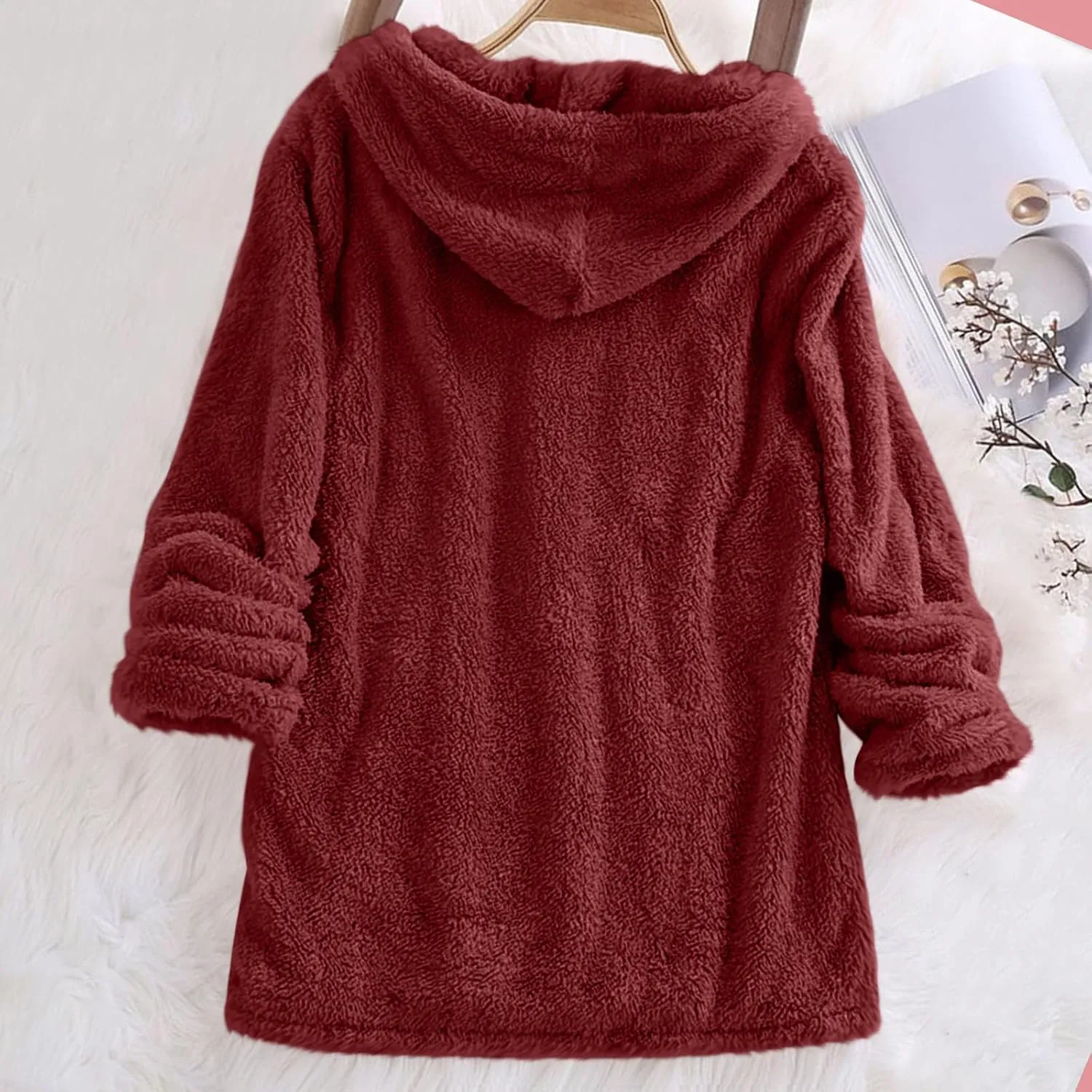 Women Sherpa Fleece Hoodies Oversized Sweatshirts Long Sleeve Drawstring Pullover Winter Soft Comfy Fuzzy Pajama Tops