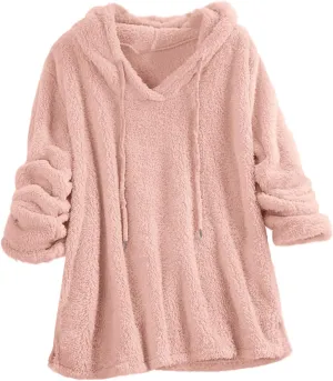 Women Sherpa Fleece Hoodies Oversized Sweatshirts Long Sleeve Drawstring Pullover Winter Soft Comfy Fuzzy Pajama Tops