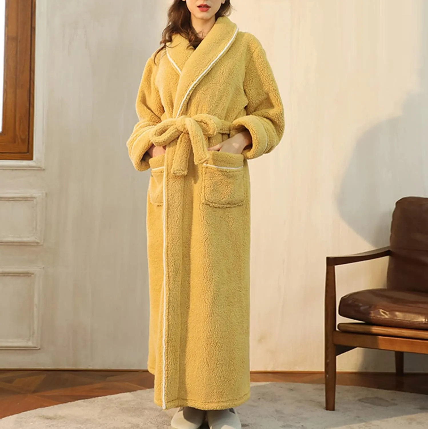 Women's Long Plush Fleece Bathrobe - Fall Winter Kimono Full Length Pajama Robe - Soft Fluffy Shower Robe
