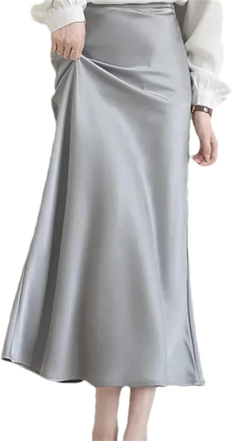 Women's Satin Midi Skirt - Sleeveless Elegant for Office Formal Occasions