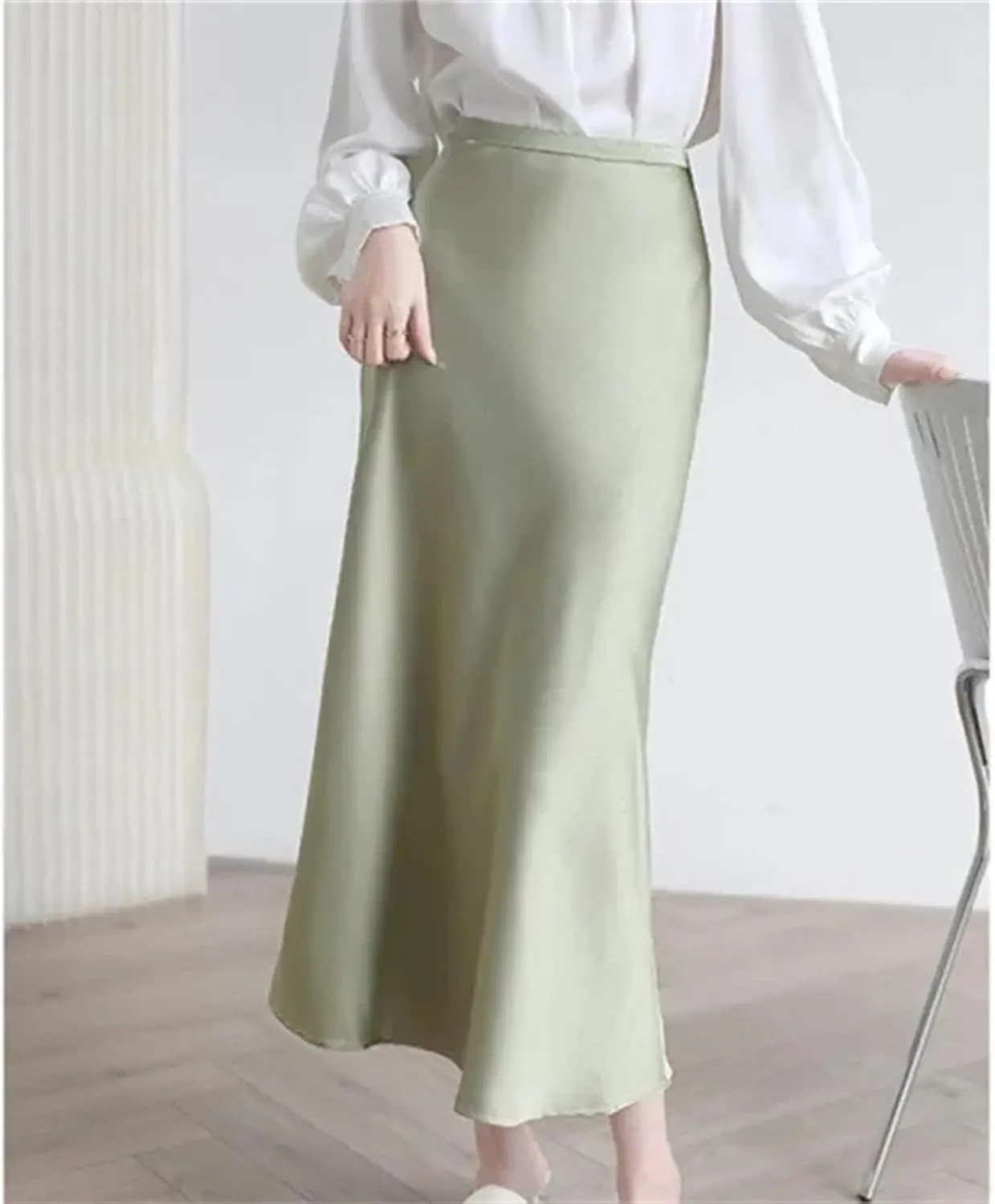 Women's Satin Midi Skirt - Sleeveless Elegant for Office Formal Occasions