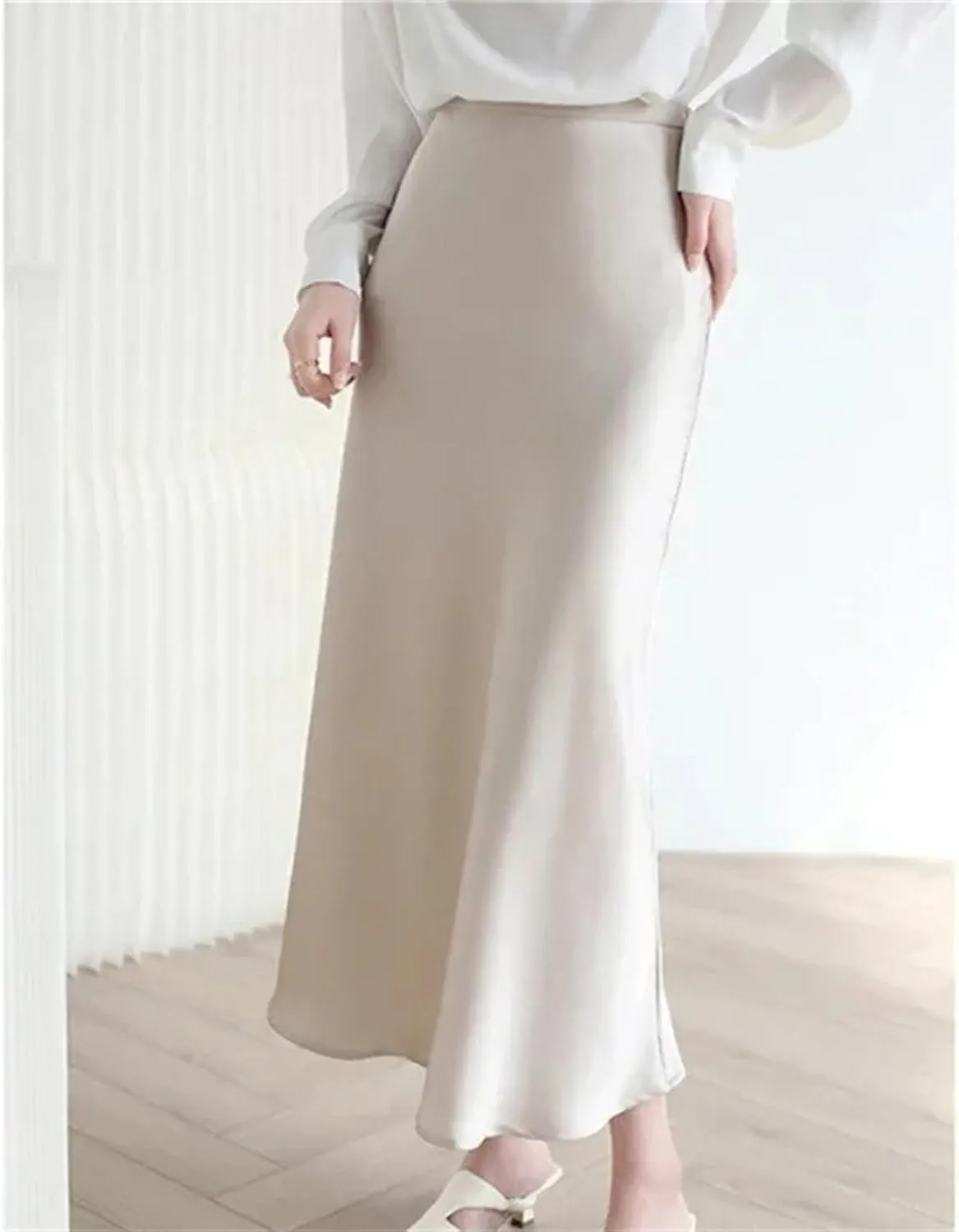 Women's Satin Midi Skirt - Sleeveless Elegant for Office Formal Occasions
