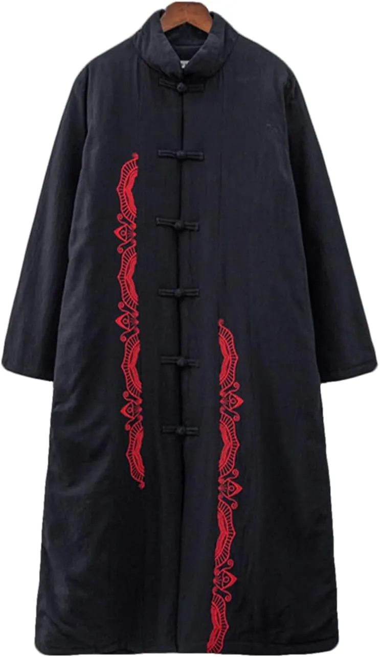 Women's Winter Cotton Linen Coat Warm Thickened Cotton Padded Long Coat with Embroidery