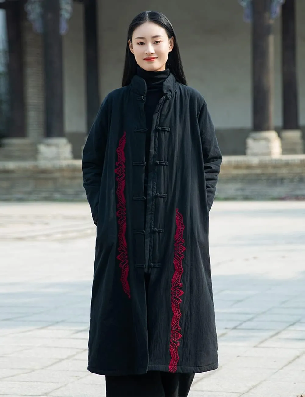 Women's Winter Cotton Linen Coat Warm Thickened Cotton Padded Long Coat with Embroidery