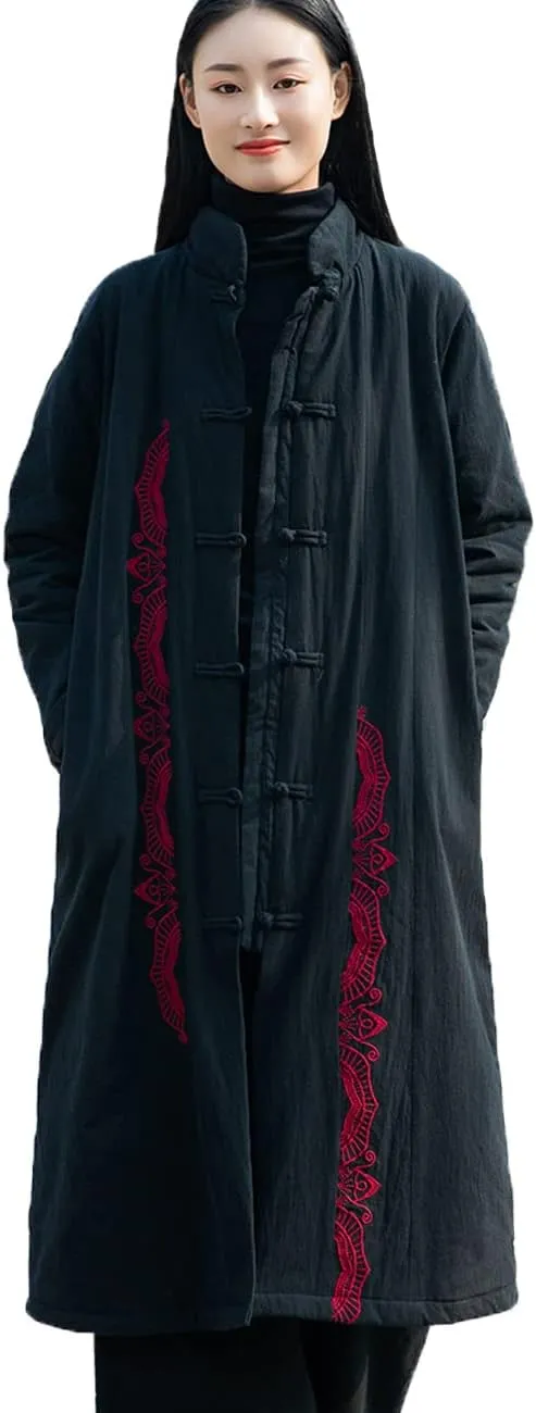 Women's Winter Cotton Linen Coat Warm Thickened Cotton Padded Long Coat with Embroidery