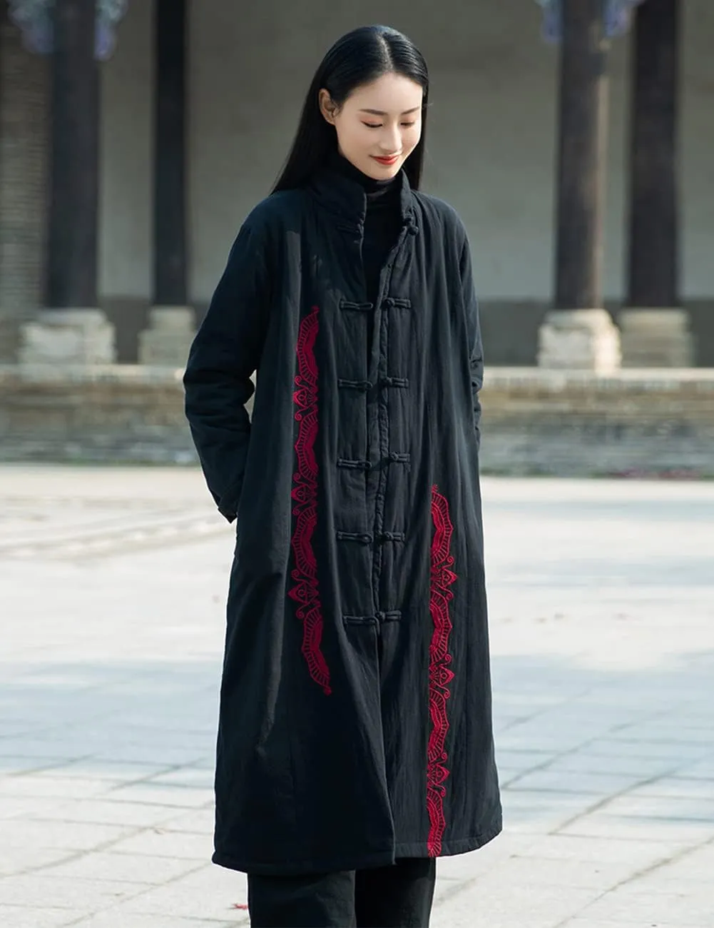 Women's Winter Cotton Linen Coat Warm Thickened Cotton Padded Long Coat with Embroidery