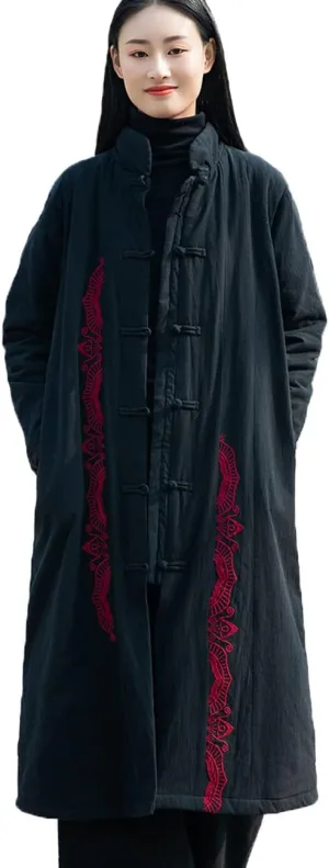 Women's Winter Cotton Linen Coat Warm Thickened Cotton Padded Long Coat with Embroidery