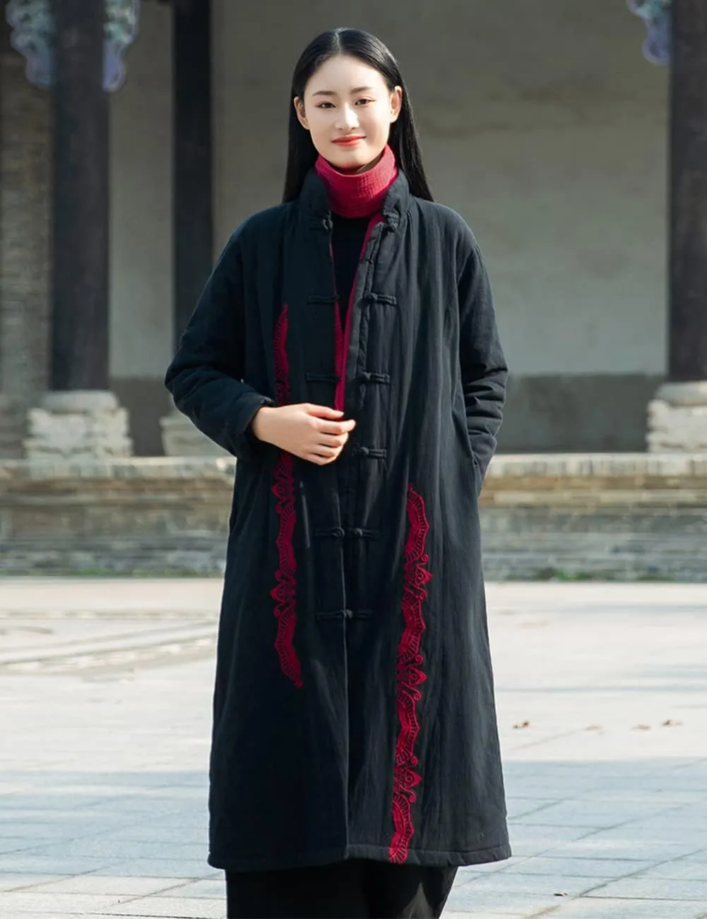 Women's Winter Cotton Linen Coat Warm Thickened Cotton Padded Long Coat with Embroidery
