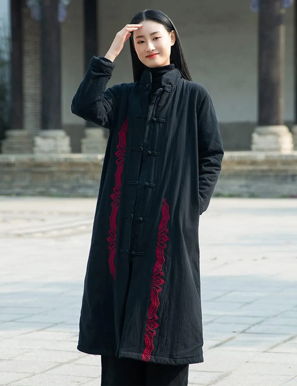 Women's Winter Cotton Linen Coat Warm Thickened Cotton Padded Long Coat with Embroidery